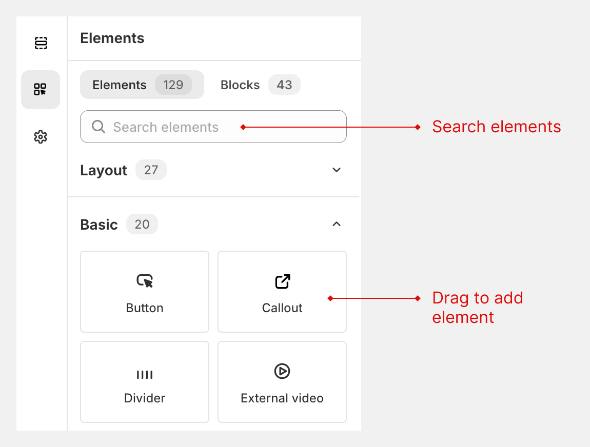 Add element from elements panel